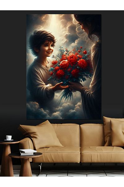 Tablomega Cute Child Giving Flowers to His Mother Decorative Canvas - Mdf Wooden Painting