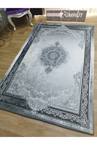 Zümrüt Ev Tekstil Lastikli Süngerli Kaymaz Halı Örtüsü Modern Desen Varen Gri Renk