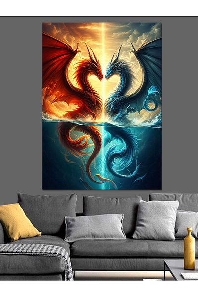 Tablomega Two Dragons and Heart Shaped Pattern Decorative Canvas - Mdf Wood Painting