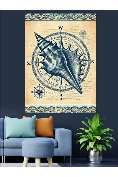 Tablomega Seashell and Compass Drawing Decorative Canvas - Mdf Wooden Painting