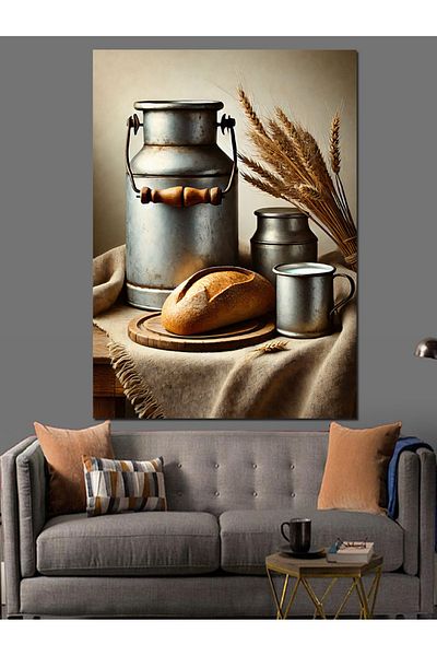 Tablomega Bread and Milk Table Decorative Canvas - Mdf Wooden Table