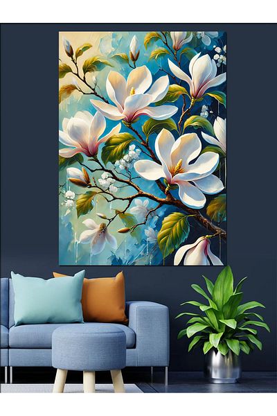 Tablomega Pânză decorativă cu flori albe și natură - Lemn MDF