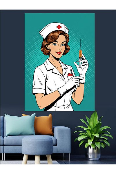 Tablomega Retro Nurse and Syringe Decorative Canvas - Mdf Wooden Painting