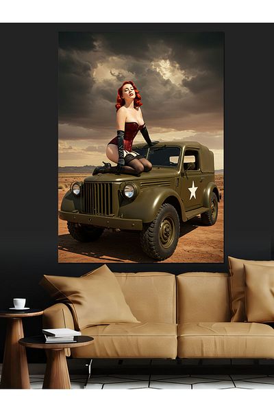 Tablomega Pânză decorativă Jeep și femeie puternică - Lemn MDF
