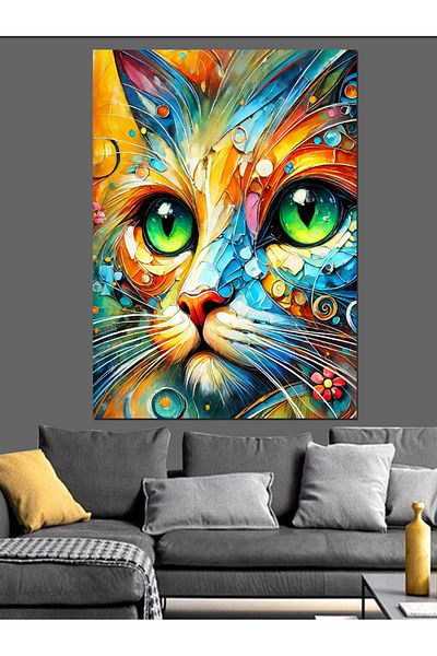 Tablomega Colorful Cat and Shiny Eyes Decorative Canvas - Mdf Wooden Painting