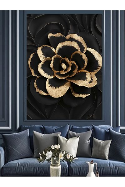 Tablomega Black Yellow Flower Pattern Decorative Canvas - Mdf Wooden Painting