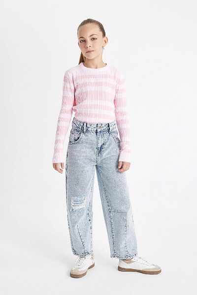 DeFacto Girl's Pink Striped Standard Fit Crew Neck Tight Knitwear Sweater C6974A824Au