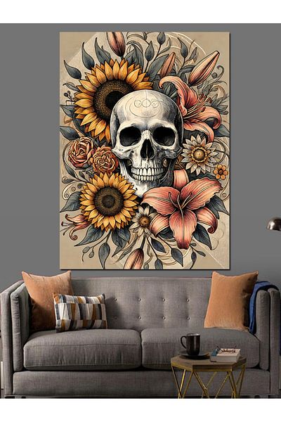 Tablomega Harmony with Skull and Flowers Decorative Canvas - Mdf Wood Painting