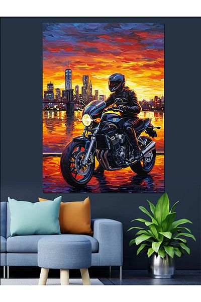 Tablomega Biker and Sunset Decorative Canvas - Mdf Wooden Painting
