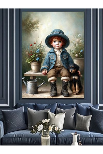 Tablomega Boy and Dog with Blue Hat Decorative Canvas - Mdf Wooden Painting