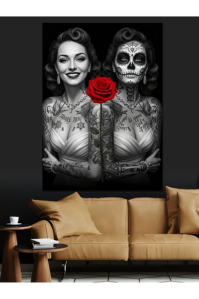 Tablomega Dark Woman with Rose Decorative Canvas - Mdf Wooden Painting