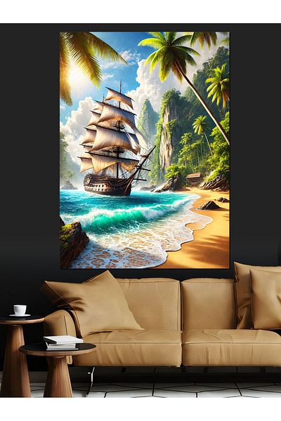 Tablomega Pânză decorativă Tropical Ship Landscape - MDF Lemn