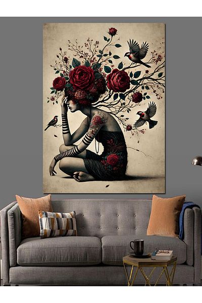 Tablomega Woman Silhouette with Roses and Flowers Decorative Canvas - Mdf Wooden Painting