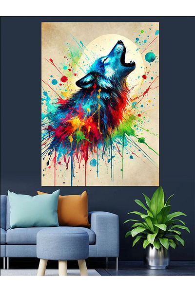 Tablomega Pânză decorativă Wolf și Splash colorată - Lemn MDF