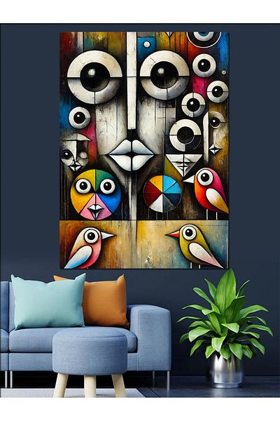 Tablomega Pânză decorativă cu design abstract de păsări și geometrice - pictură din lemn MDF