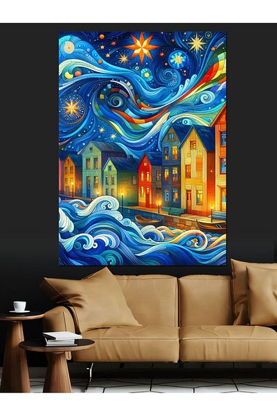 Tablomega Colorful Houses and Universe Decorative Canvas - Mdf Wooden Painting