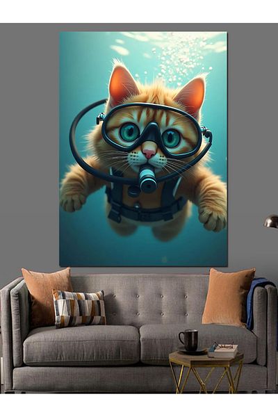 Tablomega Diver Cat under the Sea Decorative Canvas - Mdf Wooden Painting