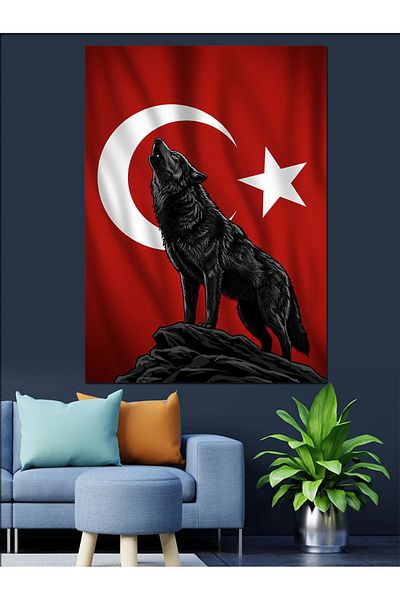 Tablomega Turkish Flag and Wolf Decorative Canvas - Mdf Wooden Painting