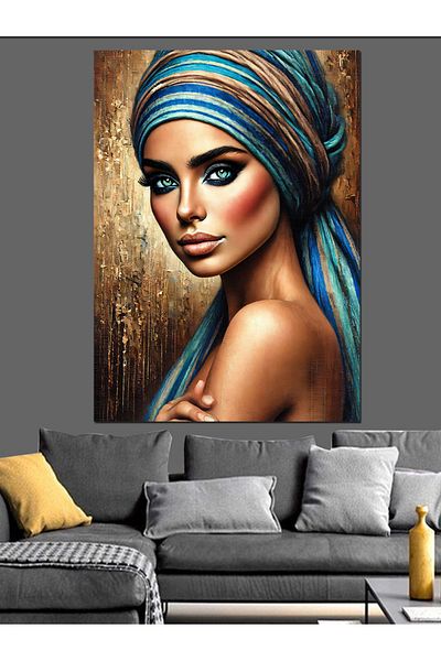 Tablomega Woman with Blue Turban Decorative Canvas - Mdf Wooden Painting