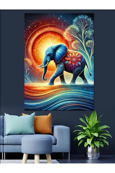 Tablomega Pânză decorativă cu elefant solar și colorat - Lemn MDF