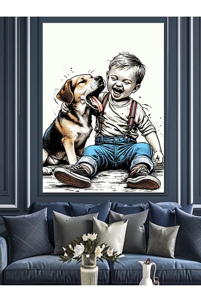 Tablomega Cute Dog and Child Decorative Canvas - Mdf Wooden Painting