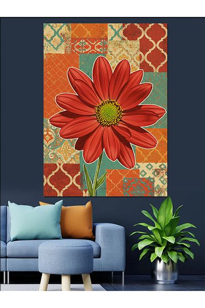 Tablomega Red Flower and Geometric Background Decorative Canvas - Mdf Wooden Painting