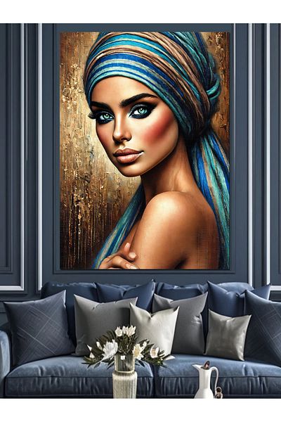 Tablomega Woman with Blue Turban Decorative Canvas - Mdf Wooden Painting