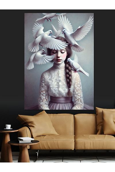 Tablomega White Woman with Pigeons Decorative Canvas - Mdf Wooden Painting