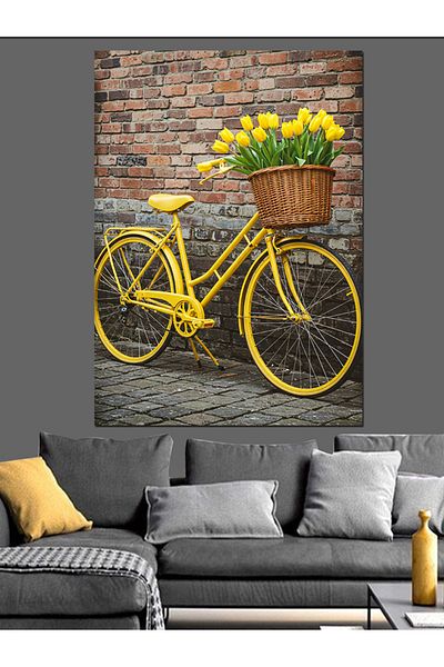 Tablomega Yellow Bicycle and Flower Basket Decorative Canvas - Mdf Wooden Painting