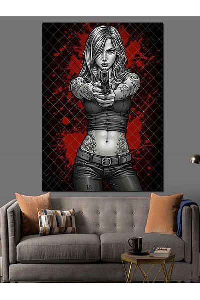 Tablomega Woman with a Gun and a Strong Tavir Decorative Canvas - Mdf Wood Painting