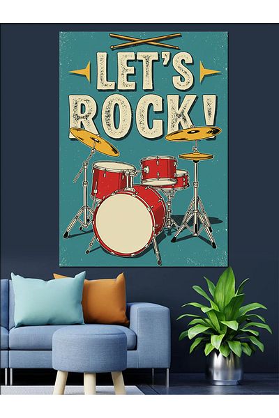 Tablomega "Let's Rock!" And Drum Set Decorative Canvas - Mdf Wooden Table