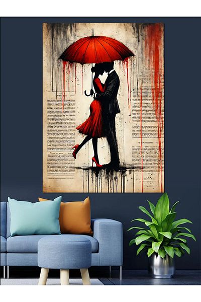 Tablomega Red Umbrella Couple Decorative Canvas - Mdf Wooden Table