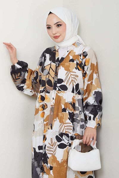 benguen Φόρεμα Hijab με σχέδιο Μπεζ (Μοντέλο Νο. 4731)