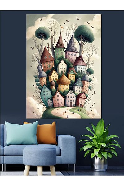 Tablomega Clădiri colorate Pânză decorativă - Lemn MDF