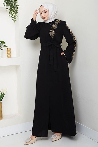 hafsamina Черна HM2713 Кушакъ Абая с цветни камъни