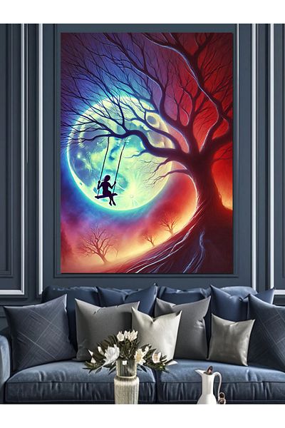 Tablomega Children's Decorative Canvas with Colorful Tree and Swing - Mdf Wooden Table