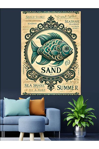 Tablomega Διακοσμητικός καμβάς με αφίσα Sea Fish and Sand - Ξύλινος πίνακας MDF