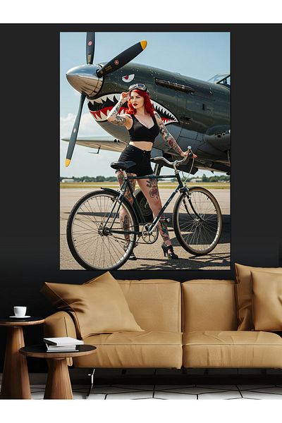 Tablomega Bicicletă Retro și Pânză Decorativă Femei - Lemn MDF