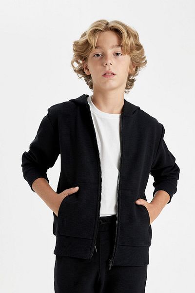 DeFacto Boy's Black Hooded Cardigan with Zipper and Pocket T7468A624Au