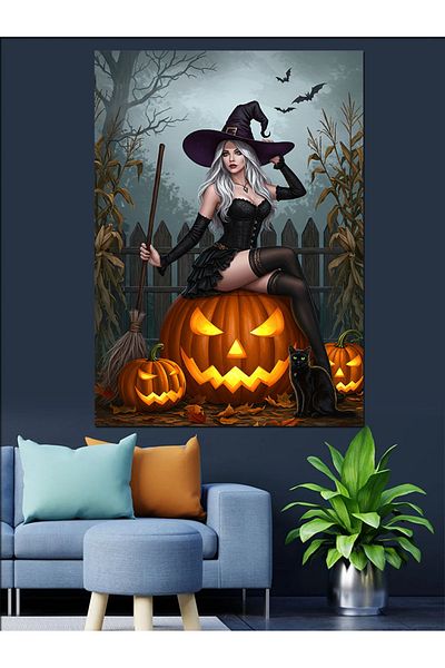 Tablomega Autumn Decorative Canvas with Witch and Pumpkin - Mdf Wooden Painting