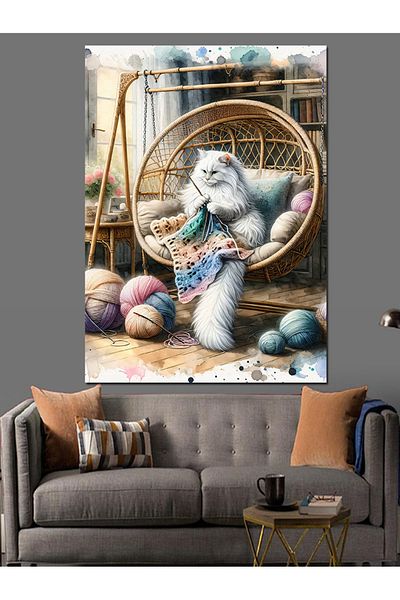 Tablomega Knitting White Cat and Yarns Decorative Canvas - Mdf Wooden Painting