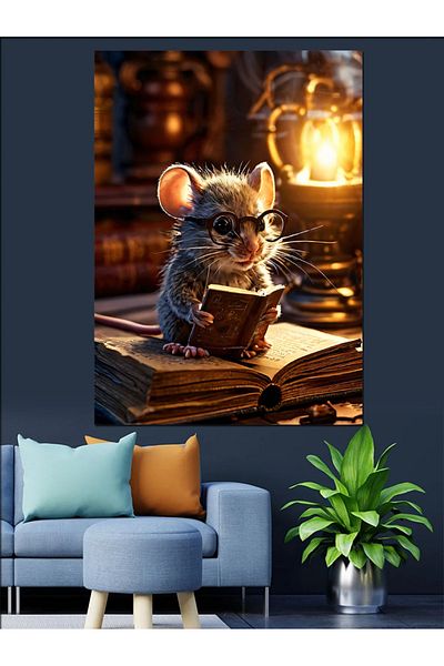 Tablomega Mouse Reading a Book Decorative Canvas - Mdf Wooden Table