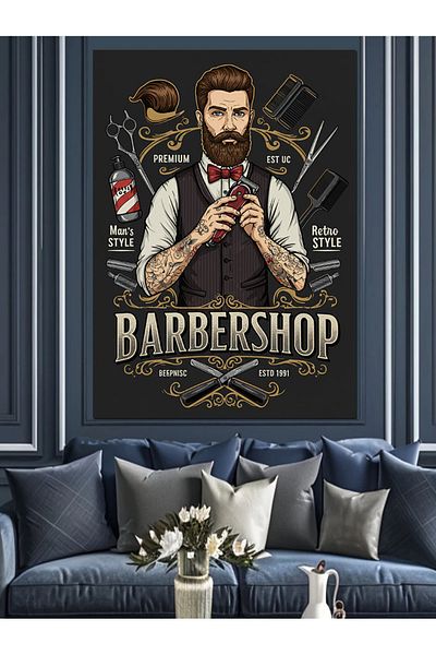 Tablomega Barber Shop și Retro Barber Poster Canvas Decorativ - MDF Lemn