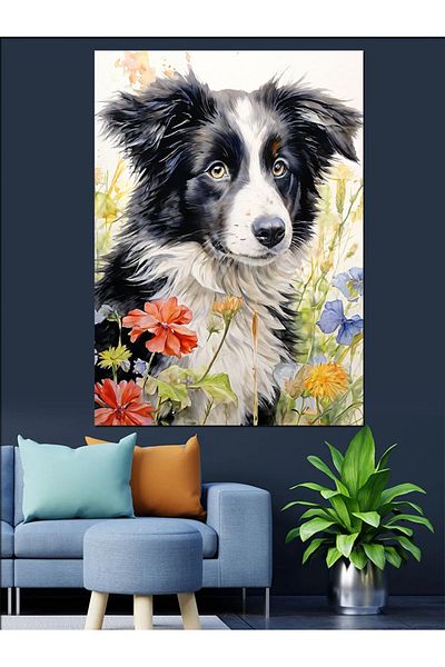 Tablomega Black and White Dog and Flowers Decorative Canvas - Mdf Wooden Painting