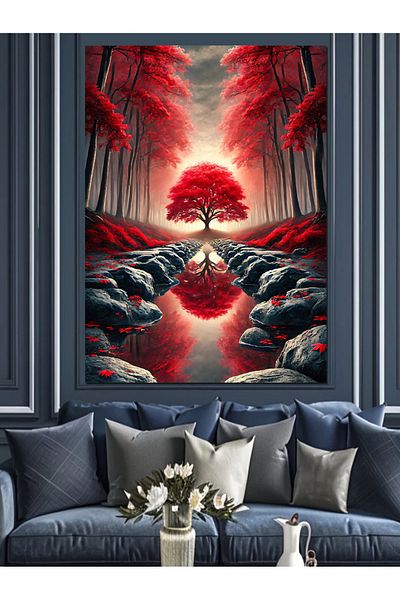 Tablomega Διακοσμητικός καμβάς Red Tree and Mysterious Road - Ξύλινος πίνακας MDF