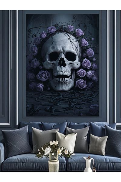 Tablomega Pânză decorativă cu trandafiri violet și craniu - Lemn MDF