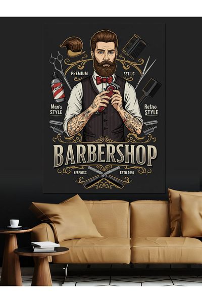 Tablomega Barber Shop și Retro Barber Poster Canvas Decorativ - MDF Lemn