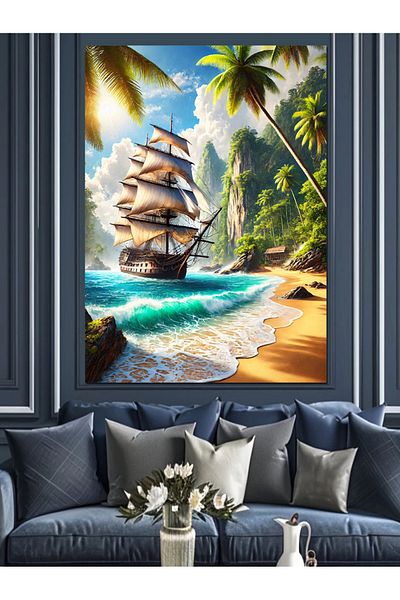 Tablomega Pânză decorativă Tropical Ship Landscape - MDF Lemn