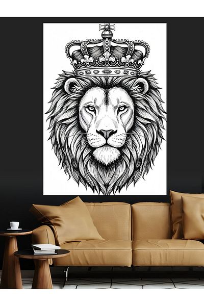 Tablomega Crowned Lion Drawing Decorative Canvas - Mdf Wooden Painting
