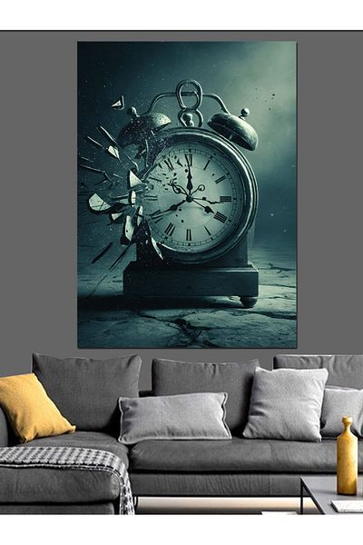Tablomega Black and White Broken Retro Clock Decorative Canvas - Mdf Wooden Painting